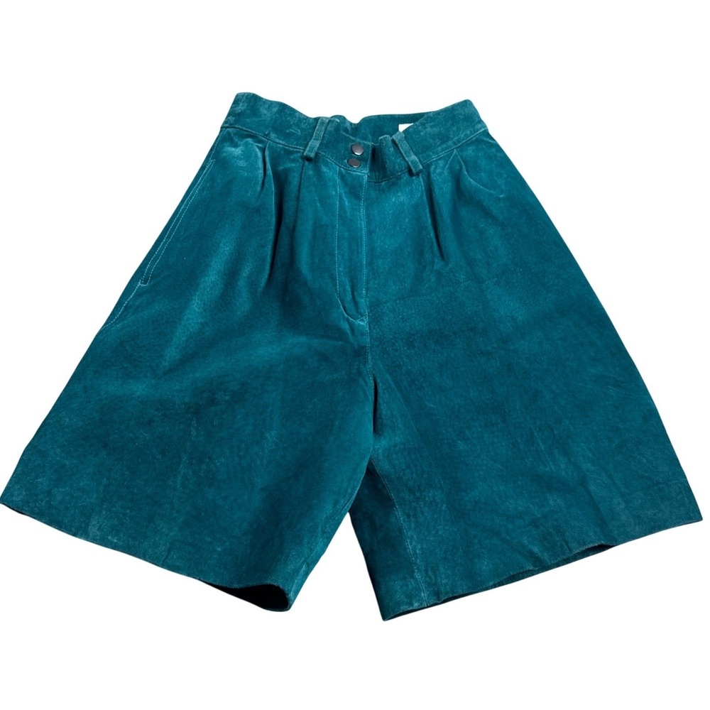 David Hollis Teal Green Suede Leather Bermuda Shorts S/XS VTG Retro Y2k